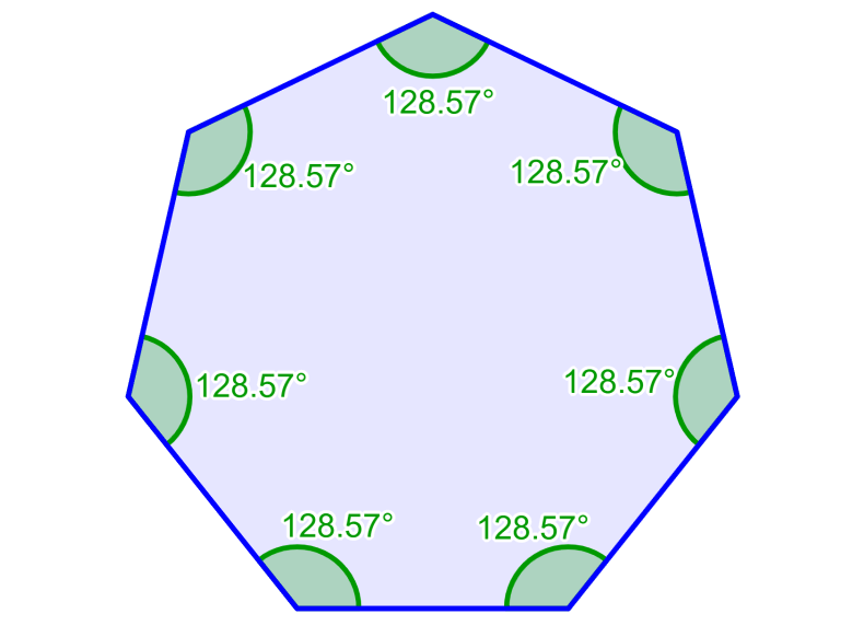 diagrama de un heptágono regular con ángulos internos