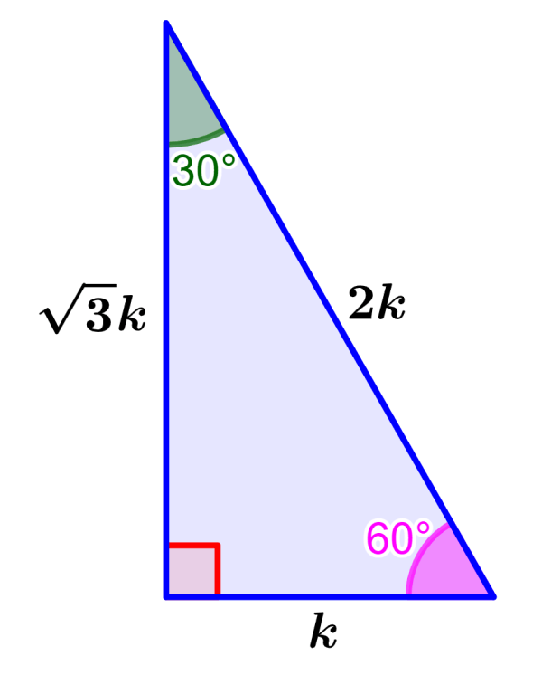 triángulo 30°-60°-90° con proporciones de lados