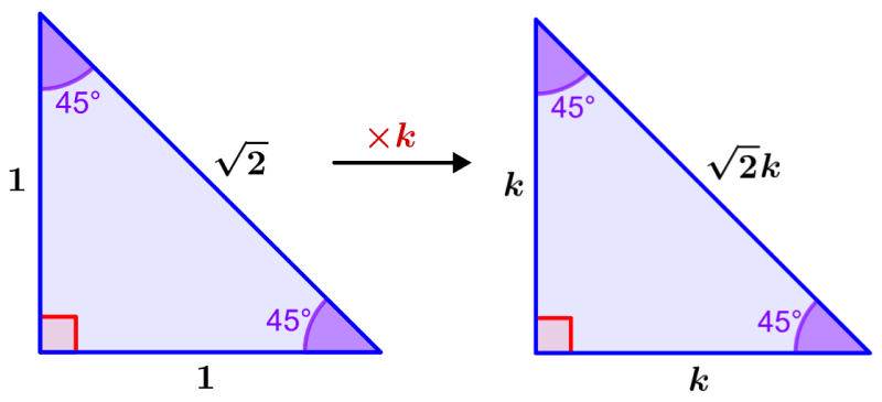 triángulo 45°-45°-90° con proporciones de lados general