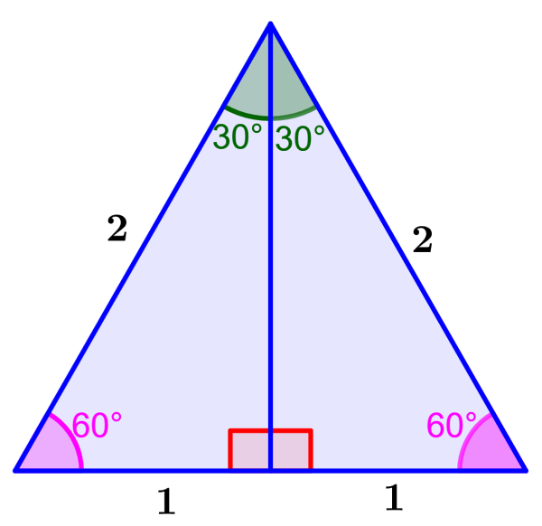 triángulo equilátero dividido en dos triángulos 30°-60°-90°